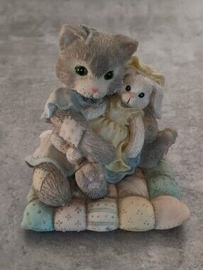 Cute Gray Cat Figurine Holding Bunny on Quilted Pillow Calico Kittens